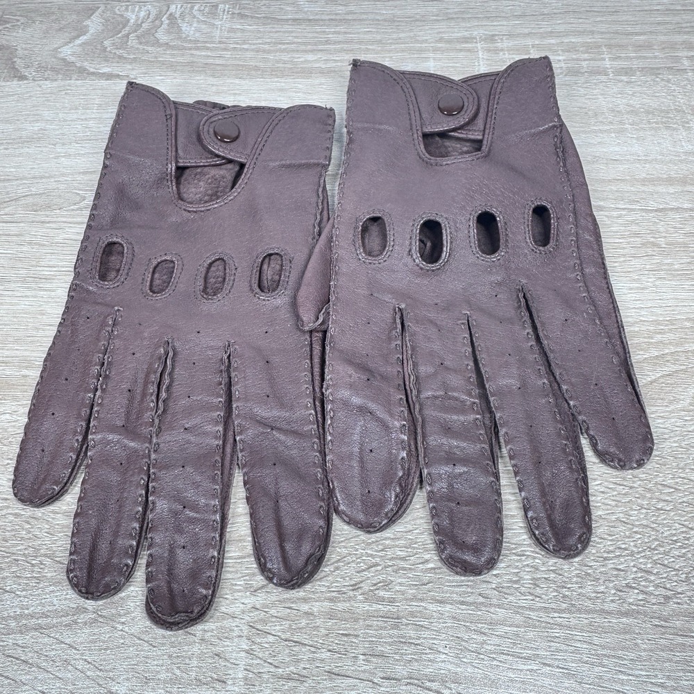 Vintage Genuine‎ Leather Driving Gloves Brown Cutout Palm Snap Wrist XL